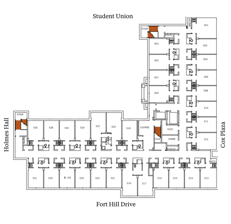 McCabe Hall fifth-floor plan showing student suites arranged around central corridors near Holmes Hall, Cox Plaza, Student Union, and Fort Hill Drive. The plan includes stairwells, a lounge and support spaces, and suites with two double rooms and a bathroom.