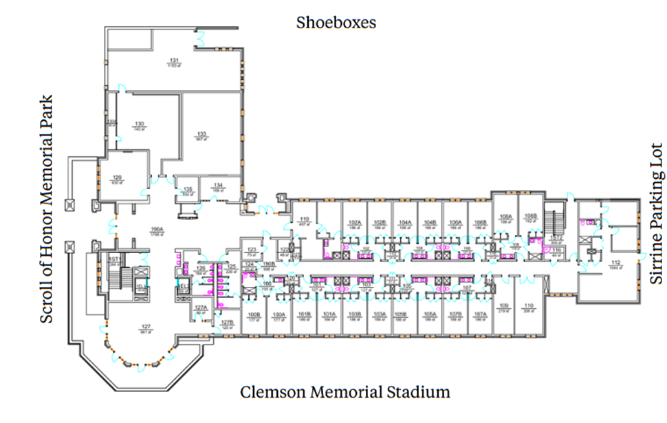 Mickel Hall first-floor plan showing residential and support spaces between Clemson Memorial Stadium, Shoeboxes, and Sirrine Parking Lot. The plan includes a lobby and main entrance, student suites with two double rooms and in-suite restrooms, stairwells, elevators, lounge and office spaces, and mechanical/electrical rooms.