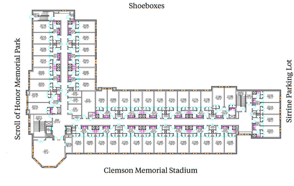 Mickel Hall second-floor plan showing residential and support spaces between Clemson Memorial Stadium, Shoeboxes, and Sirrine Parking Lot. The plan includes a student suites with two double rooms and in-suite restrooms, stairwells, elevators, and lounge.