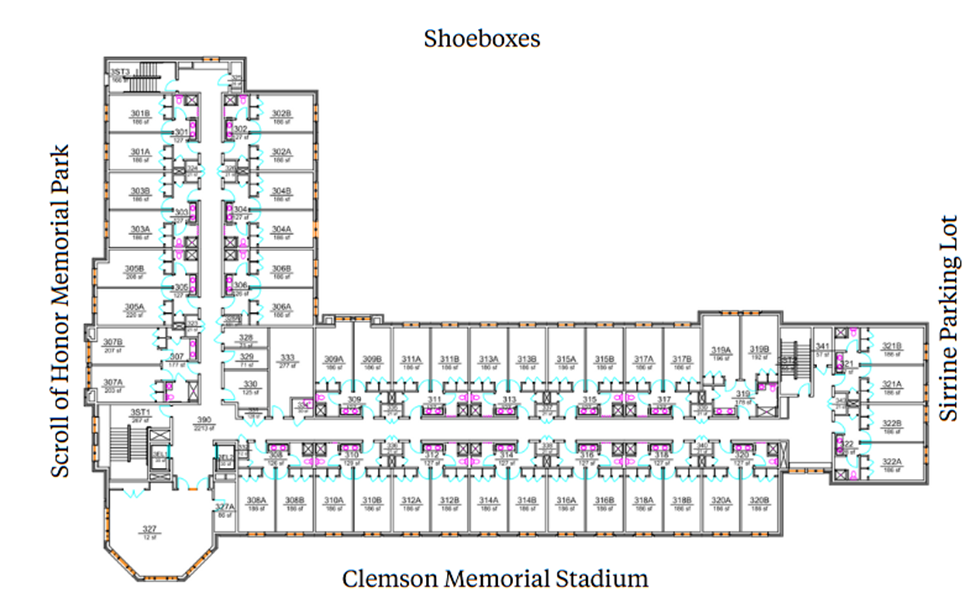 Mickel Hall thrid-floor plan showing residential and support spaces between Clemson Memorial Stadium, Shoeboxes, and Sirrine Parking Lot. The plan includes a student suites with two double rooms and in-suite restrooms, stairwells, elevators, and lounge.