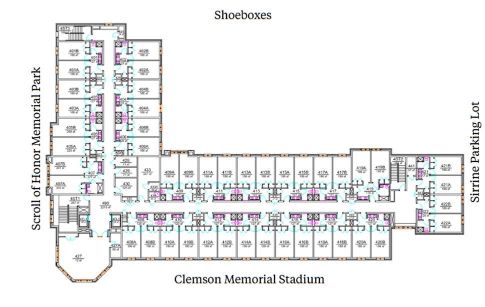 Mickel Hall fourth-floor plan showing residential and support spaces between Clemson Memorial Stadium, Shoeboxes, and Sirrine Parking Lot. The plan includes a student suites with two double rooms and in-suite restrooms, stairwells, elevators, and lounge.