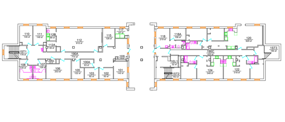 Norris Hall first-floor plan showing residential and support spaces organized around a central corridor and entry area. The plan includes a private residence, a lobby/main entrance, stairwells, an elevator, lounge and support spaces, mechanical/electrical rooms, and restrooms with ADA-accessible facilities.