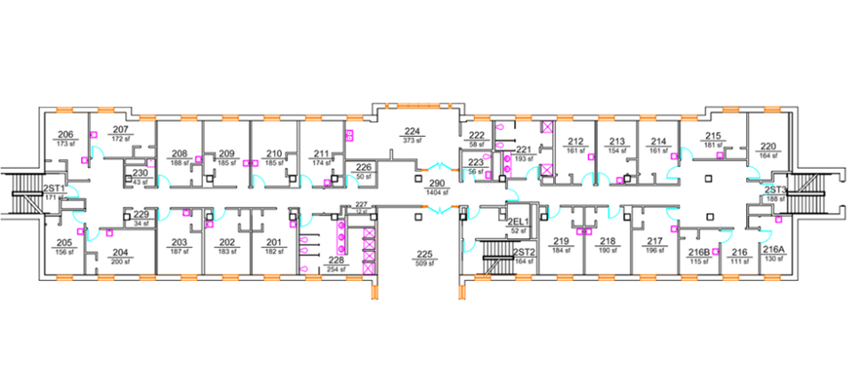 Norris Hall upper-floor plan showing student bedrooms arranged along both sides of a double-loaded corridor. A large lounge room, shared hall-style restrooms/showers, elevator and stairweel in the middle of the building. The right and left sides include stairwells.
