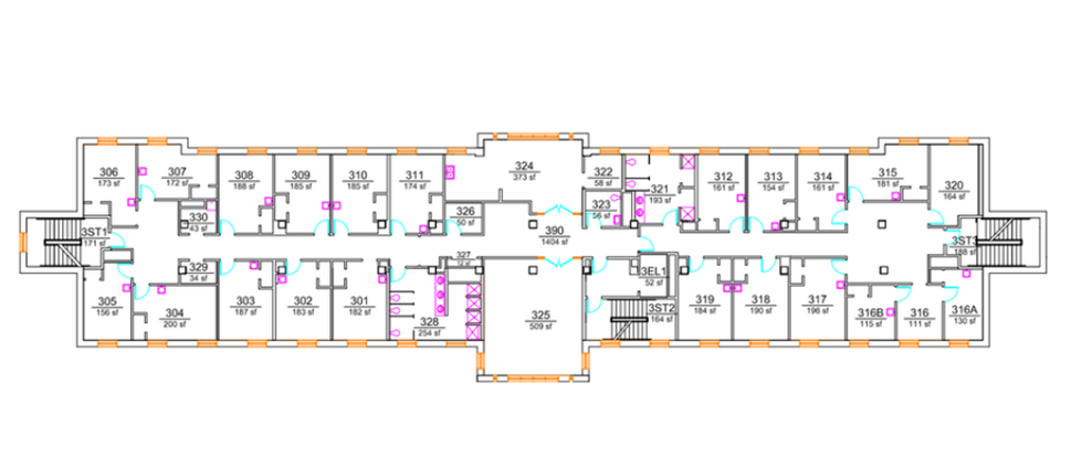 Norris Hall upper-floor plan showing student bedrooms arranged along both sides of a double-loaded corridor. A large lounge room, shared hall-style restrooms/showers, elevator and stairweel in the middle of the building. The right and left sides include stairwells.