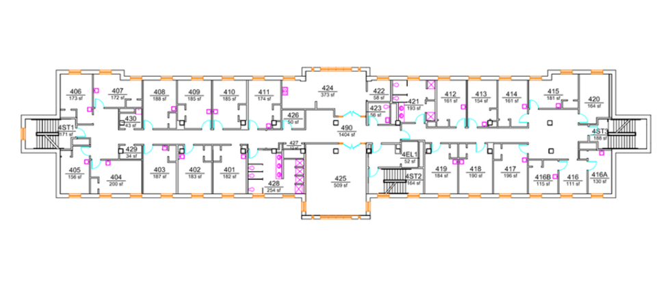 Norris Hall upper-floor plan showing student bedrooms arranged along both sides of a double-loaded corridor. A large lounge room, shared hall-style restrooms/showers, elevator and stairweel in the middle of the building. The right and left sides include stairwells.