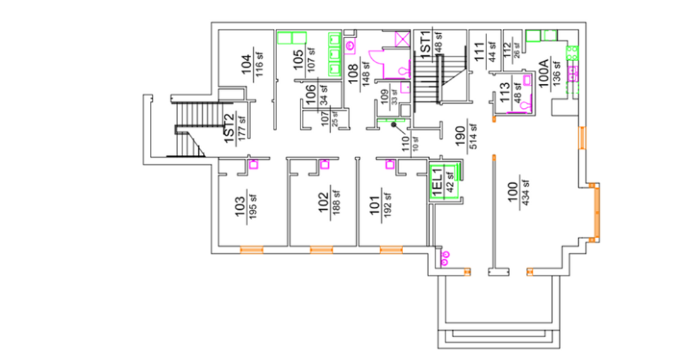 Simpson North first-floor plan showing residential and support spaces organized around a central lobby and corridor. The plan includes student rooms, stairwells, an elevator, lounge and support spaces, mechanical/electrical rooms, and hall-style shared bathrooms with ADA-accessible facilities.