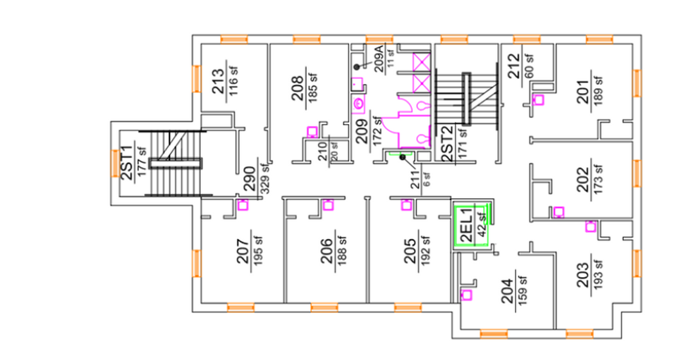 Simpson North second-floor plan showing student rooms organized around a central corridor. The plan includes stairwells, an elevator, and hall-style shared bathrooms with ADA-accessible facilities.