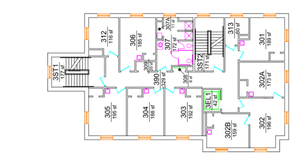 Simpson North third-floor plan showing student rooms organized around a central corridor. The plan includes stairwells, an elevator, and hall-style shared bathrooms with ADA-accessible facilities.