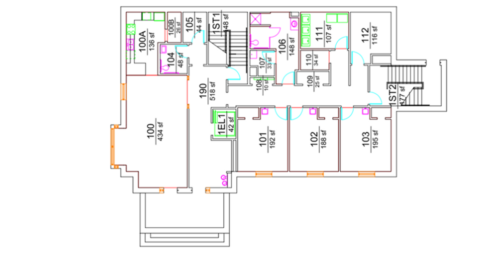 Simpson South first-floor plan showing residential and support spaces organized around a central lobby and corridor. The plan includes student rooms, stairwells, an elevator, lounge and support spaces, mechanical/electrical rooms, and hall-style shared bathrooms with ADA-accessible facilities.