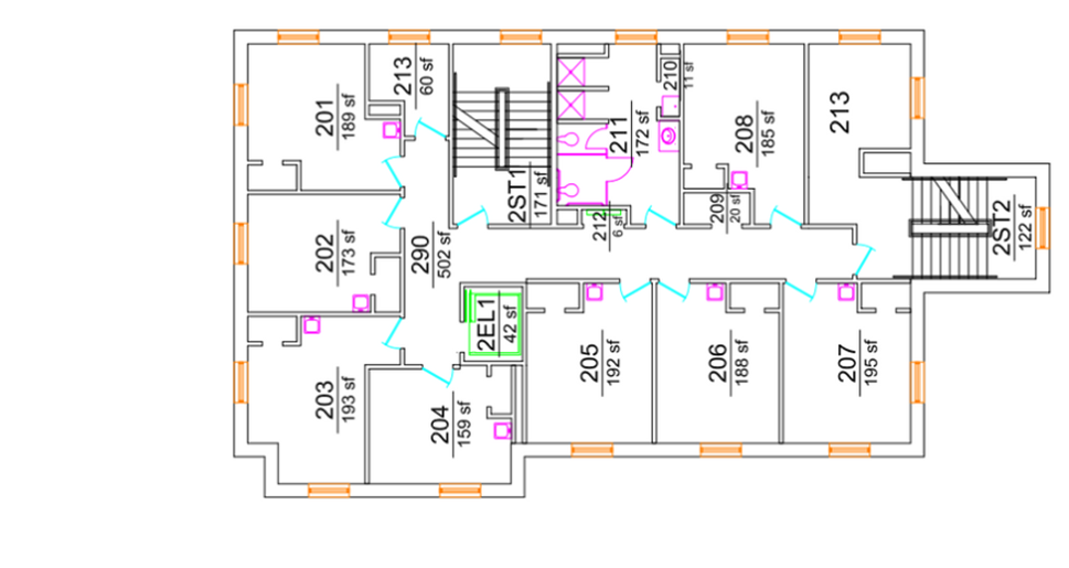Simpson South second-floor plan showing student rooms organized around a central corridor. The plan includes stairwells, an elevator, and hall-style shared bathrooms with ADA-accessible facilities.