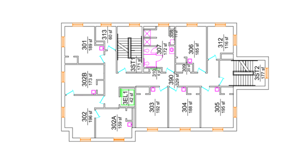 Simpson South third-floor plan showing student rooms organized around a central corridor. The plan includes stairwells, an elevator, and hall-style shared bathrooms with ADA-accessible facilities.