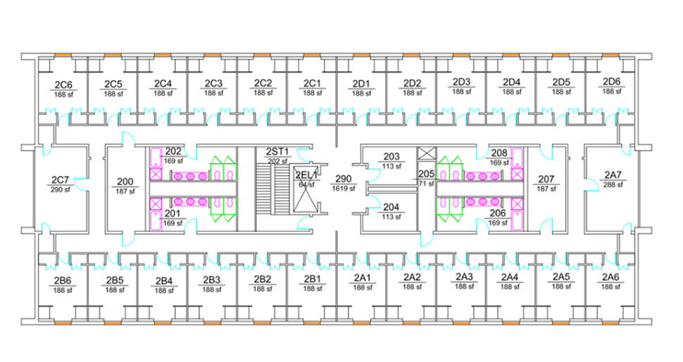 Smith Hall second-floor plan showing a double-loaded residential corridor with student rooms lining both exterior sides, including larger corner rooms. The center core includes a stairwell, elevator, study and support spaces, and hall-style shared bathrooms with ADA-accessible facilities.