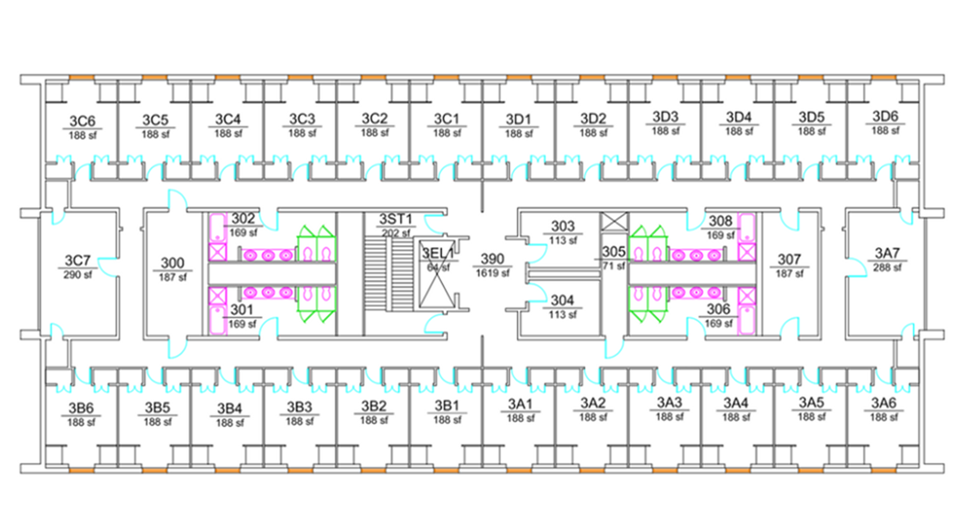 Smith Hall third-floor plan showing a double-loaded residential corridor with student rooms lining both exterior sides, including larger corner rooms. The center core includes a stairwell, elevator, study and support spaces, and hall-style shared bathrooms with ADA-accessible facilities.
