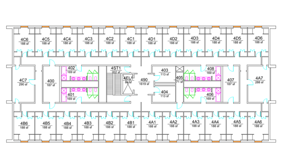 Smith Hall fourth-floor plan showing a double-loaded residential corridor with student rooms lining both exterior sides, including larger corner rooms. The center core includes a stairwell, elevator, study and support spaces, and hall-style shared bathrooms with ADA-accessible facilities.