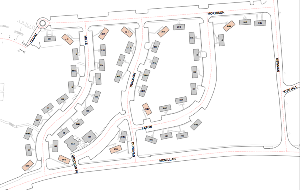 Thornhill Village community layout showing residential buildings arranged along Newman, Dunavan, Eaton, Mills, Morrison, and McMillan roads. The site plan includes multiple housing units, internal streets, sidewalks, parking areas, and surrounding neighborhood connections.