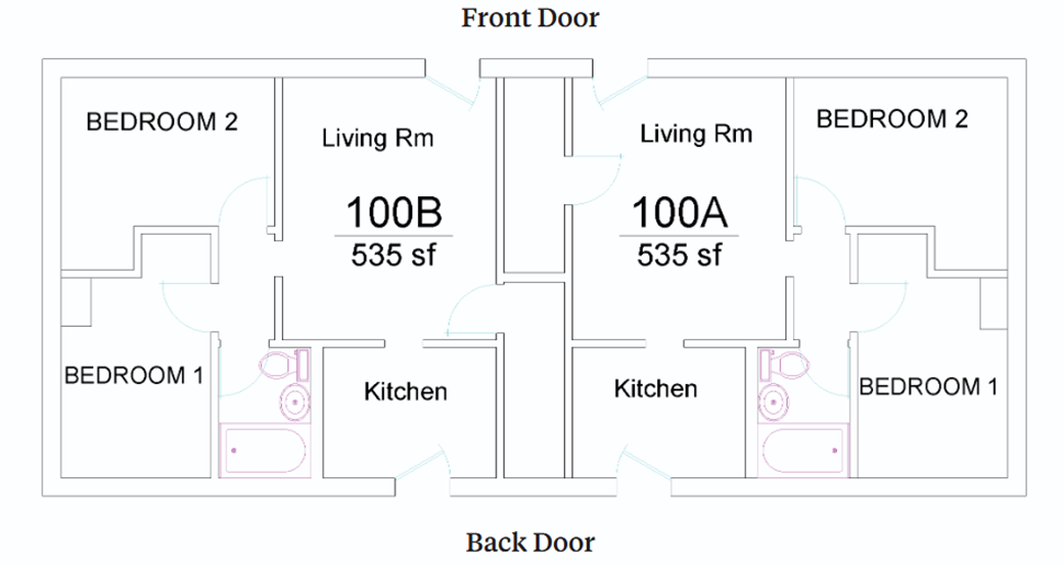 Thornhill Village room layout showing two side-by-side apartment units, 100A and 100B, each 535 square feet. Each unit includes two bedrooms, a living room, kitchen, bathroom, front door, and back door.