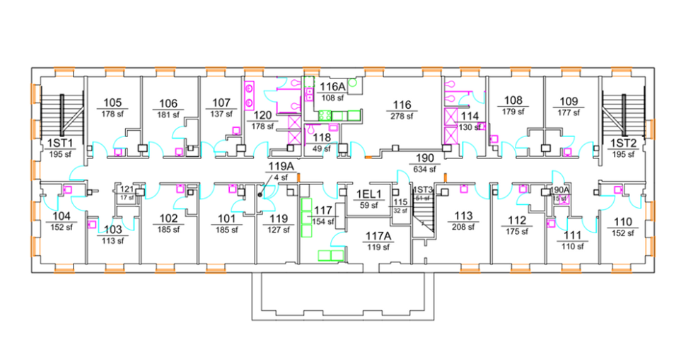Wannamaker Hall first-floor plan showing student rooms arranged along both sides of a central corridor. The plan includes two stairwells, an elevator, lounge and support spaces, mechanical/electrical rooms, and hall-style shared bathrooms with ADA-accessible facilities.