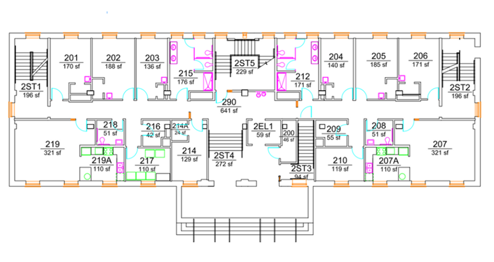 Wannamaker Hall second-floor plan showing student rooms arranged along both sides of a central corridor, including larger rooms at the building ends. The plan includes multiple stairwells, an elevator, lounge and support spaces,  and hall-style shared bathrooms with ADA-accessible facilities.