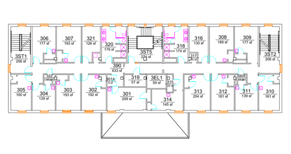 Wannamaker Hall third-floor plan showing student rooms arranged along both sides of a central corridor, including larger rooms at the building ends. The plan includes multiple stairwells, an elevator, lounge and support spaces,  and hall-style shared bathrooms with ADA-accessible facilities.