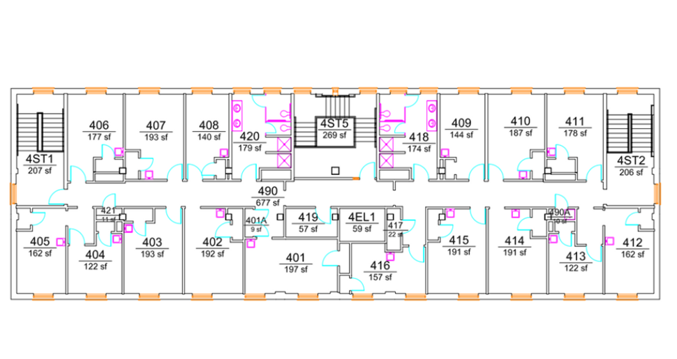 Wannamaker Hall fourth-floor plan showing student rooms arranged along both sides of a central corridor, including larger rooms at the building ends. The plan includes multiple stairwells, an elevator, lounge and support spaces,  and hall-style shared bathrooms with ADA-accessible facilities.
