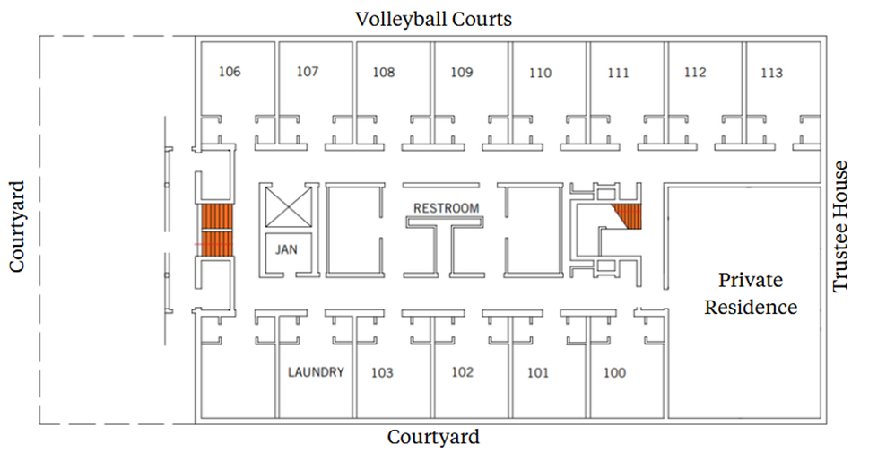 First-floor plan with a central corridor. Rooms 106-113 and a lounge line the top (Volleyball Courts side). Rooms 100–103 and a laundry room line the bottom (Coutryard side). Restrooms are near the center. A large private residence (114) is on the right (Trustee House side). Stairs are on the left (Courtyard side).
