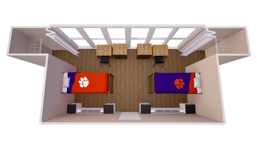 3D layout of a double dorm room with two beds, desks, chairs, and built-in storage along the walls.