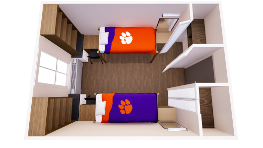 3D layout of a double dorm room with two beds, desks, chairs, and built-in storage along the walls.