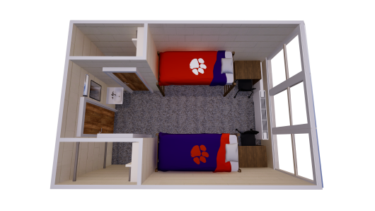 3D floor plan of a shared bedroom with a bed, dresser, desk, and closet on each side, plus a sink and mirror near the entrance.