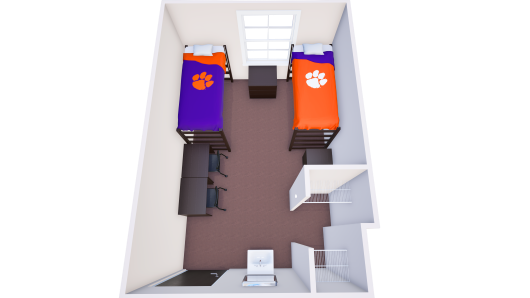 3D double room rendering with two lofted beds on opposite sides, desks and chairs nearby, entry storage, and open walkway to window.