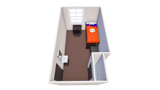 3D single room rendering with one bed along the wall, desk and chair, closet/storage by entry, dresser, and open walkway to window.