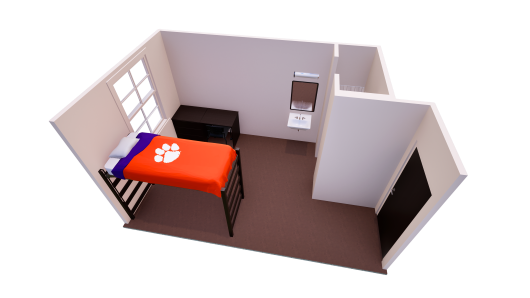 3D floor plan showing one shared bedroom with a single bed, chest of drawers, desk, and closet on each side of the room.