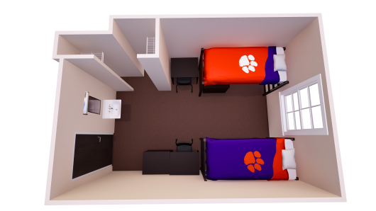 3D double room rendering with two lofted beds on opposite sides, desks and chairs nearby, entry storage, and open walkway to window.
