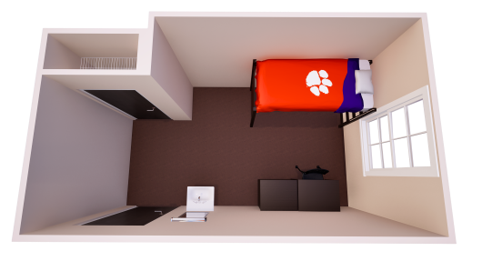 3D single room rendering with one bed along the wall, desk and chair, closet/storage by entry, dresser, and open walkway to window.