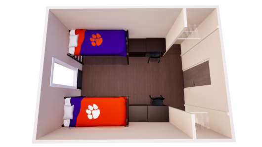 3D floor plan showing one shared bedroom with two beds, two chest of drawers, two desks, and two closets.