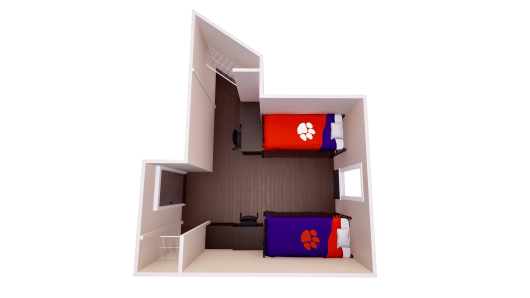 Corner double room rendering with angled layout, two beds on opposite walls, desks and chairs by each bed, entry storage, and center walkway.