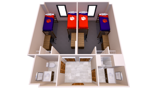 3D floor plan of two double bedrooms, each with two beds and desks, connected by a shared bathroom with two sinks, one toilet, and one shower.