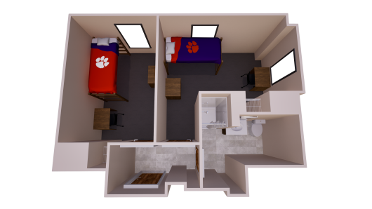 3D floor plan showing two bedrooms and a shared bathroom. Each room contains two beds, two chest of drawers, two desk, and one closet.