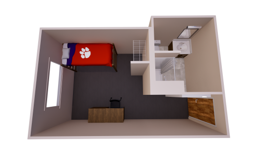 3D floor plan showing once bathroom , closet, and single bed with chest of drawers and desk.
