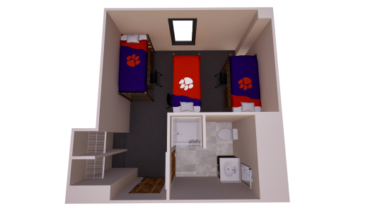 3D floor plan showing one shared bedroom with three lofted beds, four chest of drawers, three desks, two closets, and one shared bathroom.