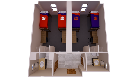 3D floor plan of two double bedrooms, each with two beds and desks, connected by a shared bathroom with two sinks, one toilet, and one shower.