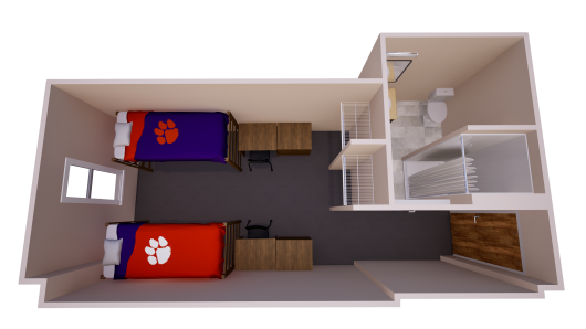 3D floor plan of a shared bedroom with two single beds and chests of drawers, two closets, and a shared bathroom near the entry.
