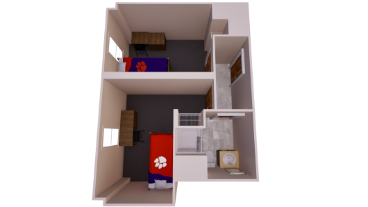 3D floor plan showing two bedrooms and a shared bathroom. Each room contains two beds, two chest of drawers, two desk, and one closet.