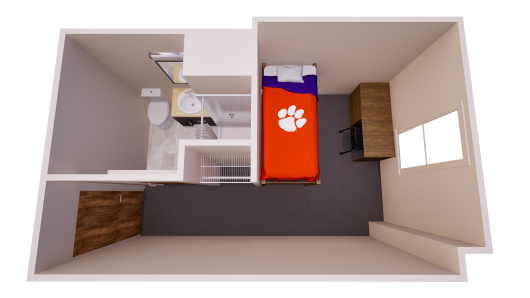 3D floor plan showing once bathroom , closet, and single bed with chest of drawers and desk.