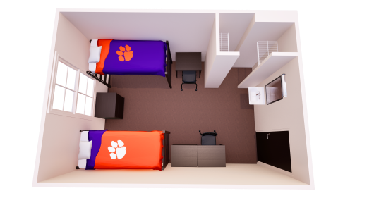 3D double room rendering with two lofted beds on opposite sides, desks and chairs nearby, entry storage, and open walkway to window.