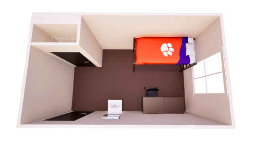 3D floor plan showing one bedroom with a single bed, chest of drawers, desk and closet.