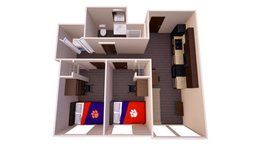 3D floor plan of a shared apartment with living, kitchen, and dining areas, two single bedrooms, one bathroom, and laundry closet.