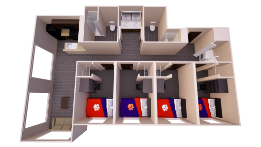 3D floor plan of a shared apartment with living, kitchen, and dining areas, four single bedrooms, two bathrooms, and storage spaces.