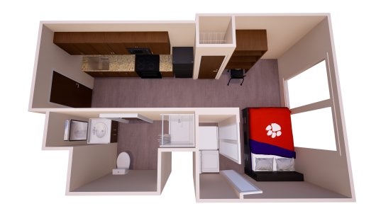 3D floor plan showing a studio apartment layout with a kitchen, one bed, chest off drawers, one bathroom; and one closet with washer and dryer.