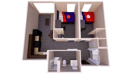 3D floor plan of a shared apartment with living, kitchen, and dining areas, two single bedrooms, one bathroom, and laundry closet.