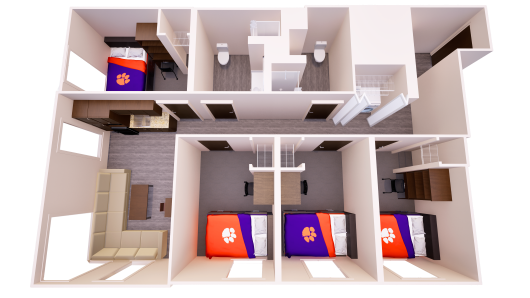 3D floor plan of a shared apartment with living, kitchenette, four single bedrooms, two bathrooms, storage, and laundry closet.